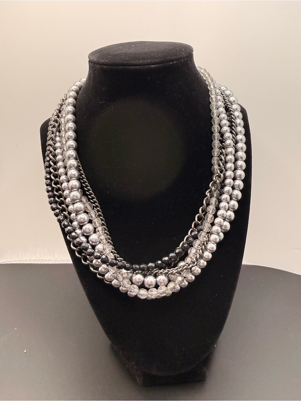 Napier Multi Strand Silvertone Chain & Faux Pearl Necklace Vintage Signed 18in